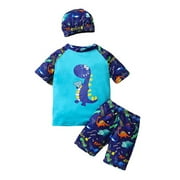 B91xZ Boys Swimsuits Cartoon Swimwear Set Two Piece Rash Guard with Hat for Kids,Blue 4-5 Years